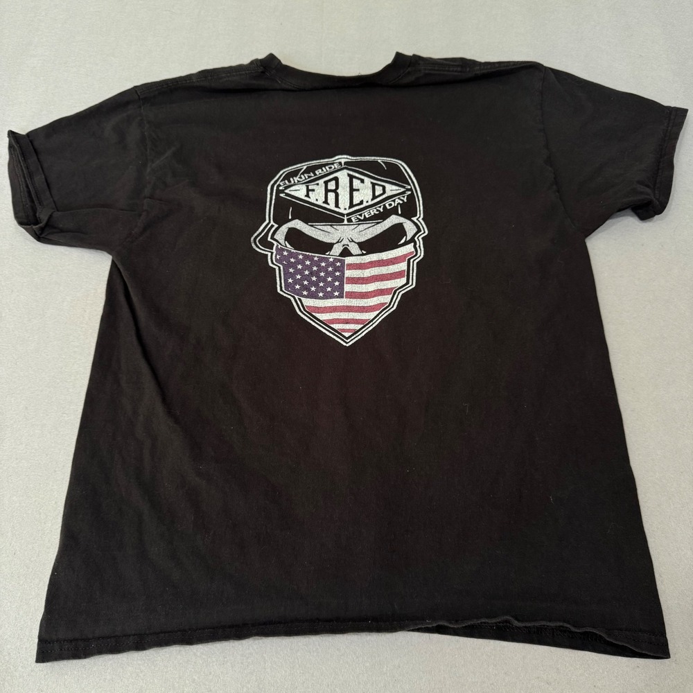 Fukin Ride Every Day‎ Graphic T-Shirt Mens Size M Black Skull American Flag Logo